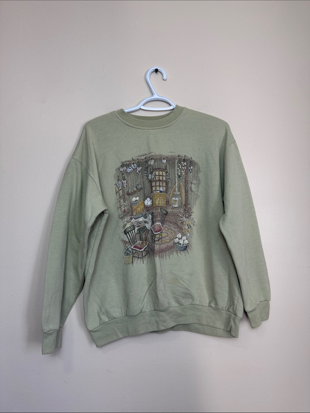Vintage Casual Sage Green Crewneck Sweater with Vintage Interior Graphic size L